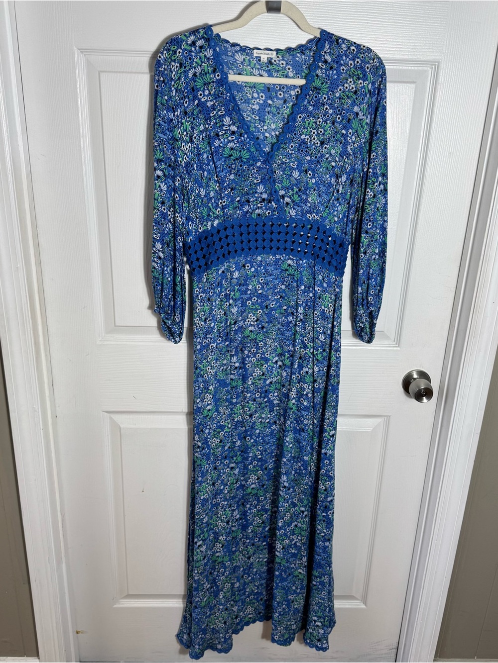 Poupette St Barth Joan Floral Maxi Dress Blue Crochet Waist Size M - Picture 2 of 13